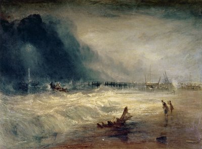 Reddingsboot en Manby-apparaat gaan naar een gestrande boot die een noodsignaal (blauwe lichten) geeft, ca. 1831 door Joseph Mallord William Turner